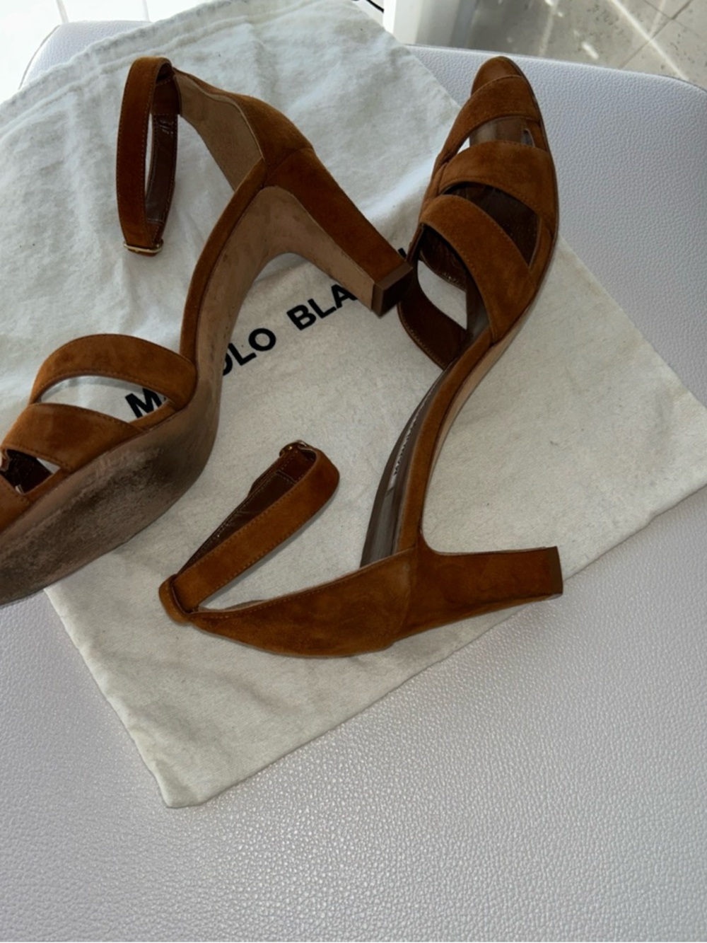 Manolo Blahnik Tan Suede Strappy Block-Heel Sandals